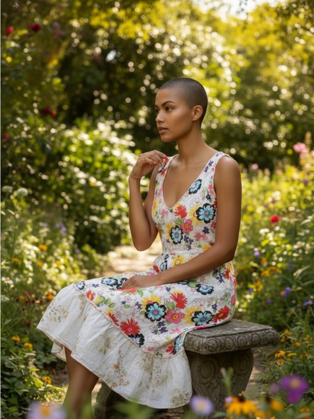 Y Apparel USA. White Floral V-Neck Midi Dress with Multicolor Blossoms